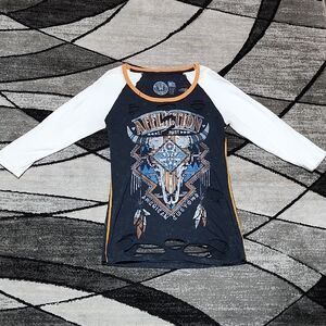 AFFLICTION AMERICAN CUSTOMS BLACK LAVA DISTRESSED CUT-OUT RAGLAN SLEEVE T-SHIRT
